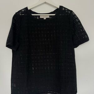 LOFT Black Short-Sleeve Grid Lace Blouse